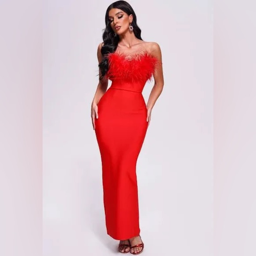 Xuliy Feather Maxi Bandage Dress